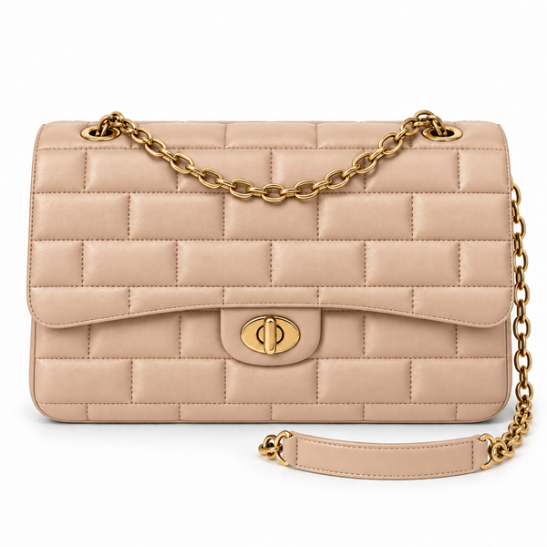 Elara Quilted Flap Bag – Light Beige — front view